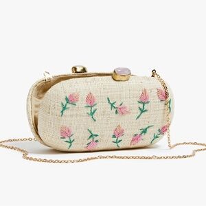 Pamela Munson Rosebud Floral Embroidered Cream Straw Clutch Bag